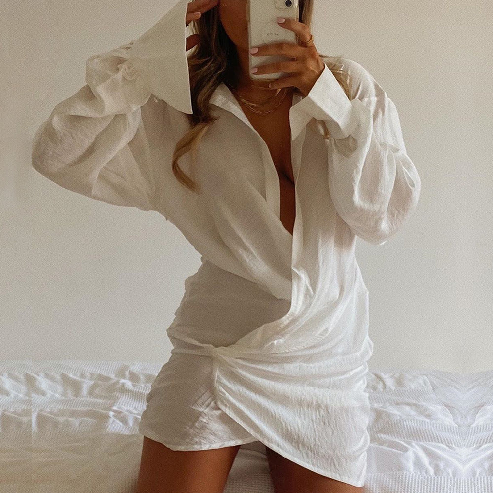 Long Sleeve White Shirt Sexy Deep V Plunge Plunge Women Clothing Popular Linen Dress by Ragazza