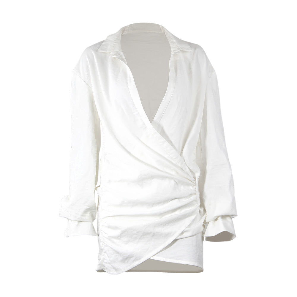 Long Sleeve White Shirt Sexy Deep V Plunge Plunge Women Clothing Popular Linen Dress by Ragazza