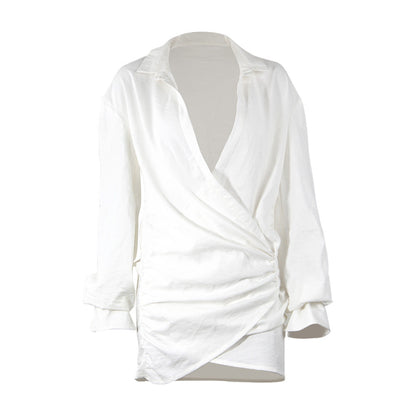 Long Sleeve White Shirt Sexy Deep V Plunge Plunge Women Clothing Popular Linen Dress by Ragazza