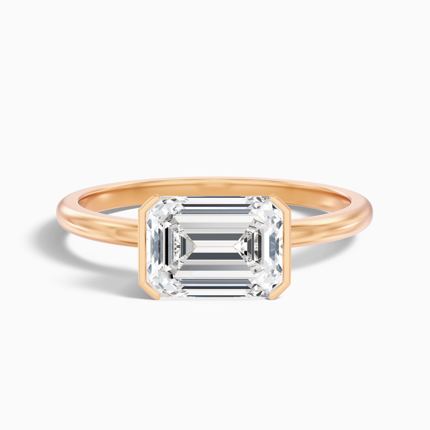 Brona 4 Carat Emerald Cut East West Half Bezel Moissanite Diamond Ring in 18k Rose Gold