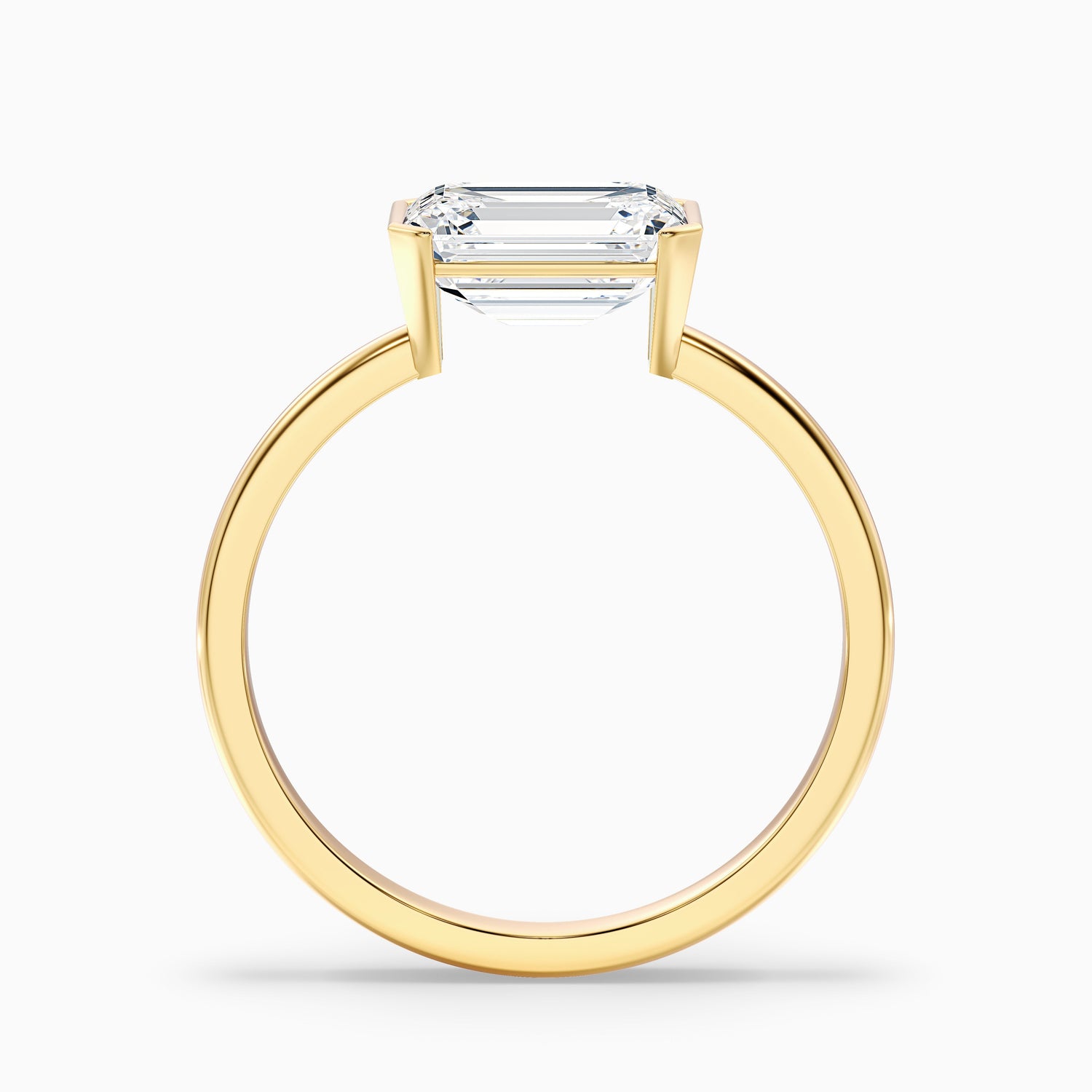 Brona 4.5 Carat Emerald Cut East West Half Bezel Moissanite Diamond Ring in 14k Yellow Gold
