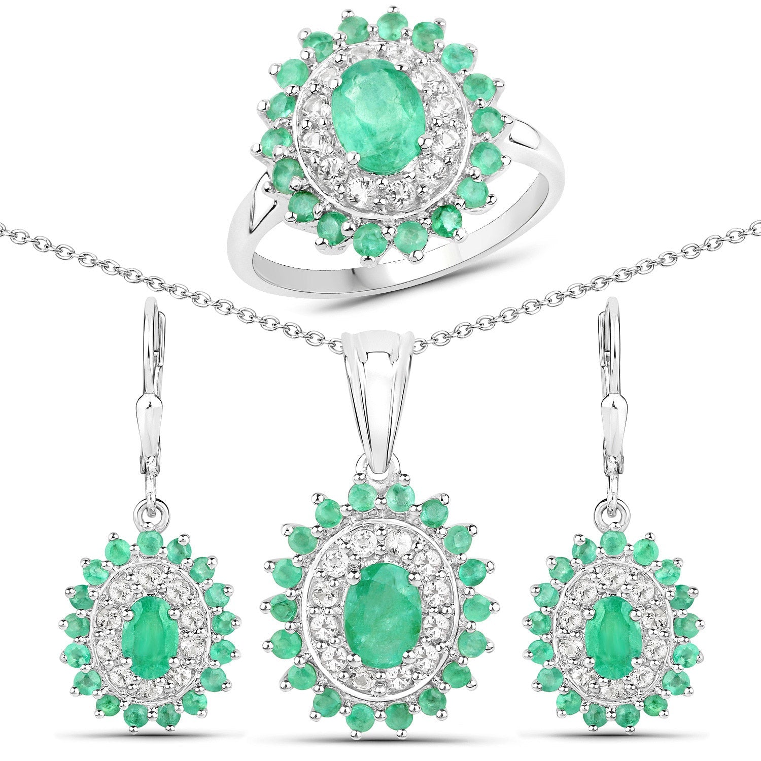 6.53 Carat Genuine Zambian Emerald and White Topaz .925 Sterling Silver 3 Piece Jewelry Set (Ring, Earrings, and Pendant w/ Chain) by Bids.com