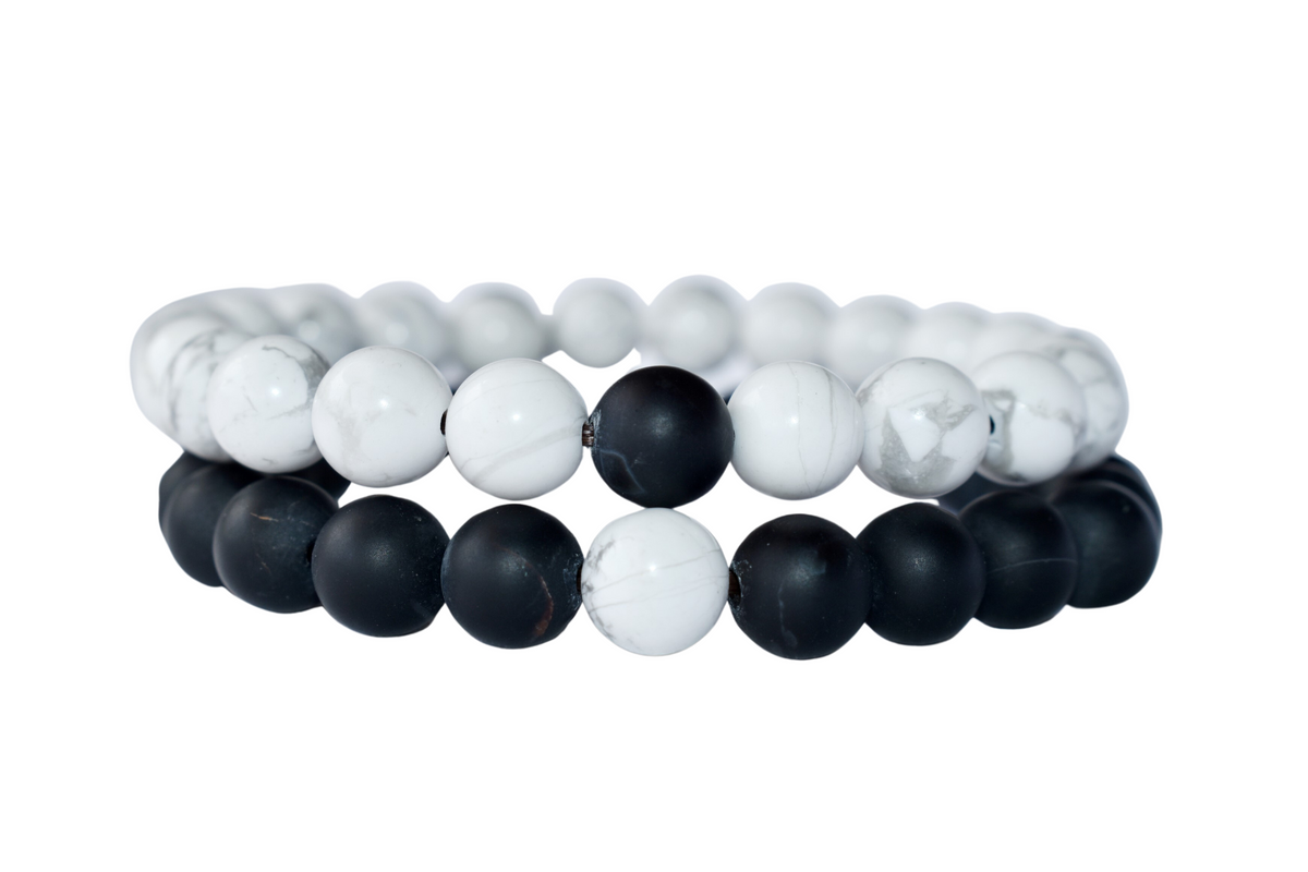 Black Onyx Matt Howlite Couple Bracelets, Anniversary Gift (Confidence and Balance)  DestGlow