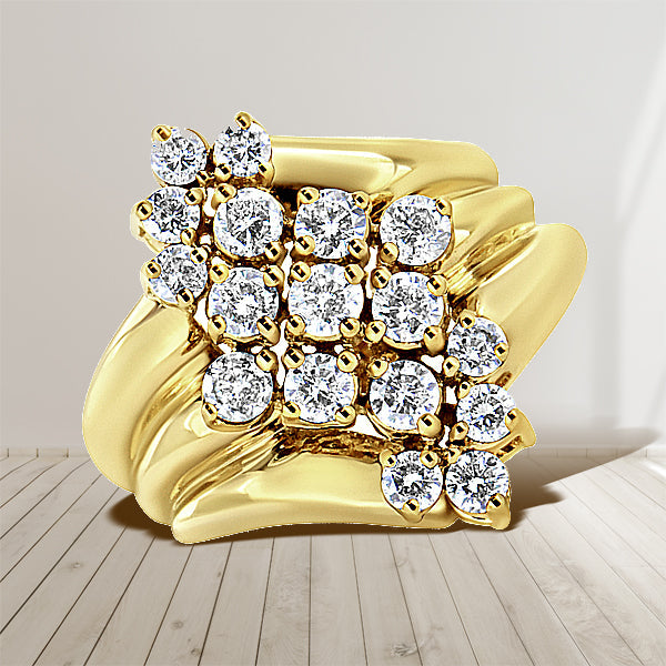 10K Yellow Gold 1 1/2 Cttw Diamond Cluster Tapered Shank Cocktail Ring Cocktail Ring (I-J Color, I1-I2 Clarity) - Ring Size 7 by Bids.com