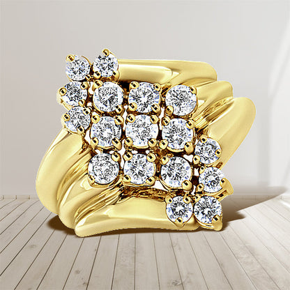 10K Yellow Gold 1 1/2 Cttw Diamond Cluster Tapered Shank Cocktail Ring Cocktail Ring (I-J Color, I1-I2 Clarity) - Ring Size 7 by Bids.com