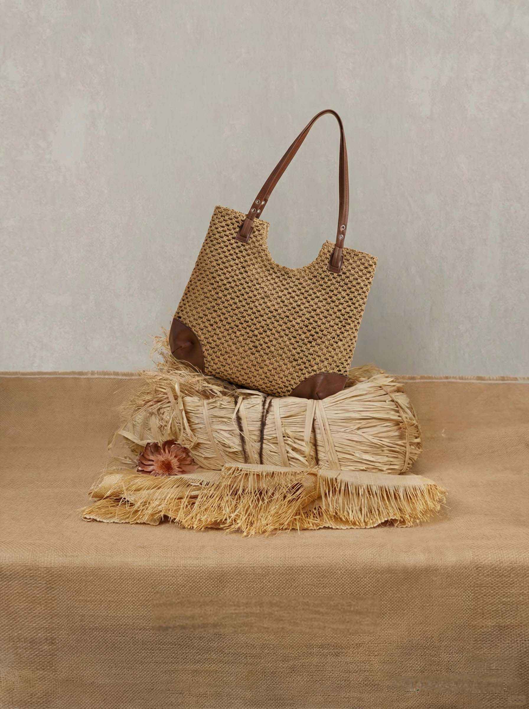 Woven Hollow-Out Shoulder Tote Bag by LINTICO
