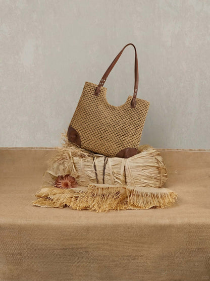 Woven Hollow-Out Shoulder Tote Bag by LINTICO
