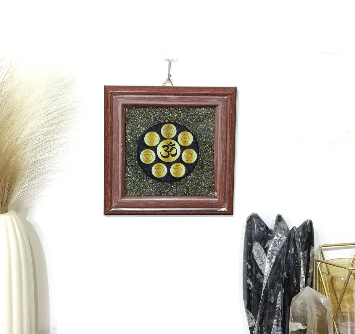 Pyrite Frame Raw Pyrite with Om, Pyrite Dust Plate.