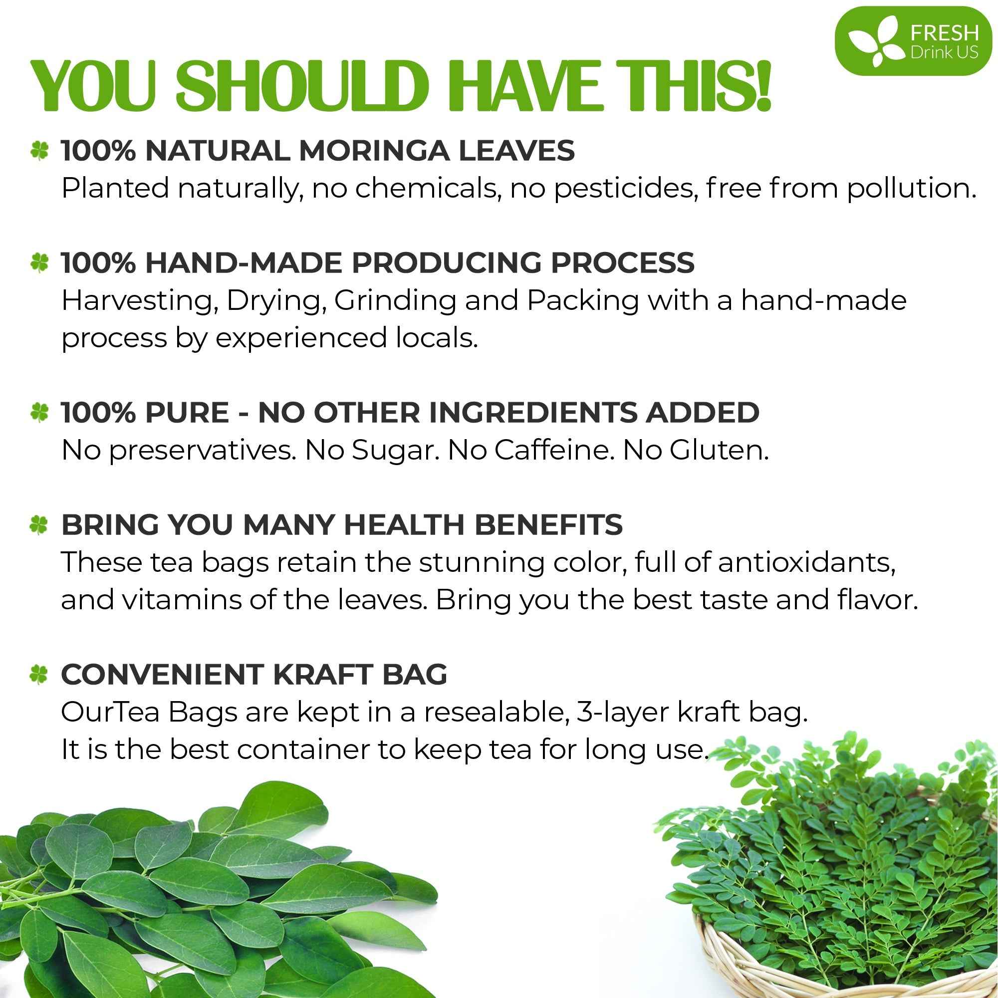Moringa Leaf Tea Bags, 100% Natural &amp; Pure from Moringa Leaves. Loose Leaf Moringa Herbal Tea. Moringa Leaf Tea. No Sugar, No Caffeine, No Gluten, Vegan