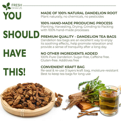 Dandelion Root Tea Bags, 100% Natural &amp; Pure from Dandelion Root, Eco-Conscious Tea Bags, Dandelion Root Herbal Tea. Dandelion Root Tea. No Sugar, No Caffeine, No Gluten, Vegan.