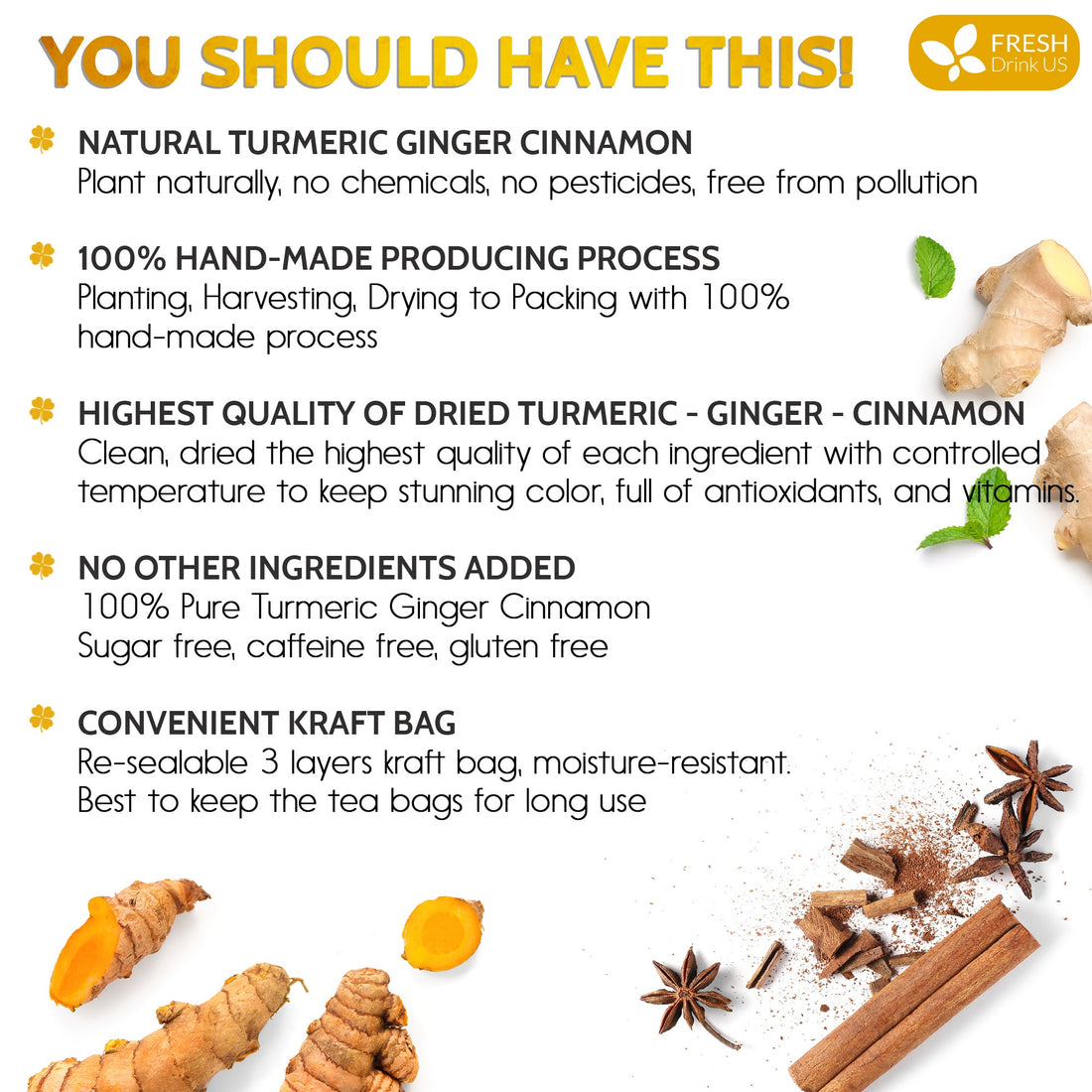 Turmeric, Ginger, Cinnamon Tea, Tea Bags, 100% Natural, Hand-made Blend of Turmeric, Ginger, and Cinnamon. Eco-conscious Tea Bags. Turmeric Ginger Herbal Tea. No Sugar, No Caffeine, No Gluten, Vegan. by FreshDrinkUS - Natural and Premium Herbal Tea