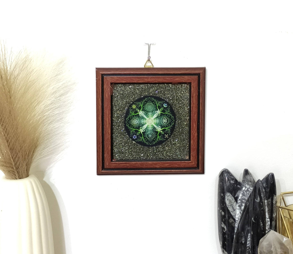 Pyrite Frame with Numinosity Mandala Art, Pyrite Dust Plate  DestGlow