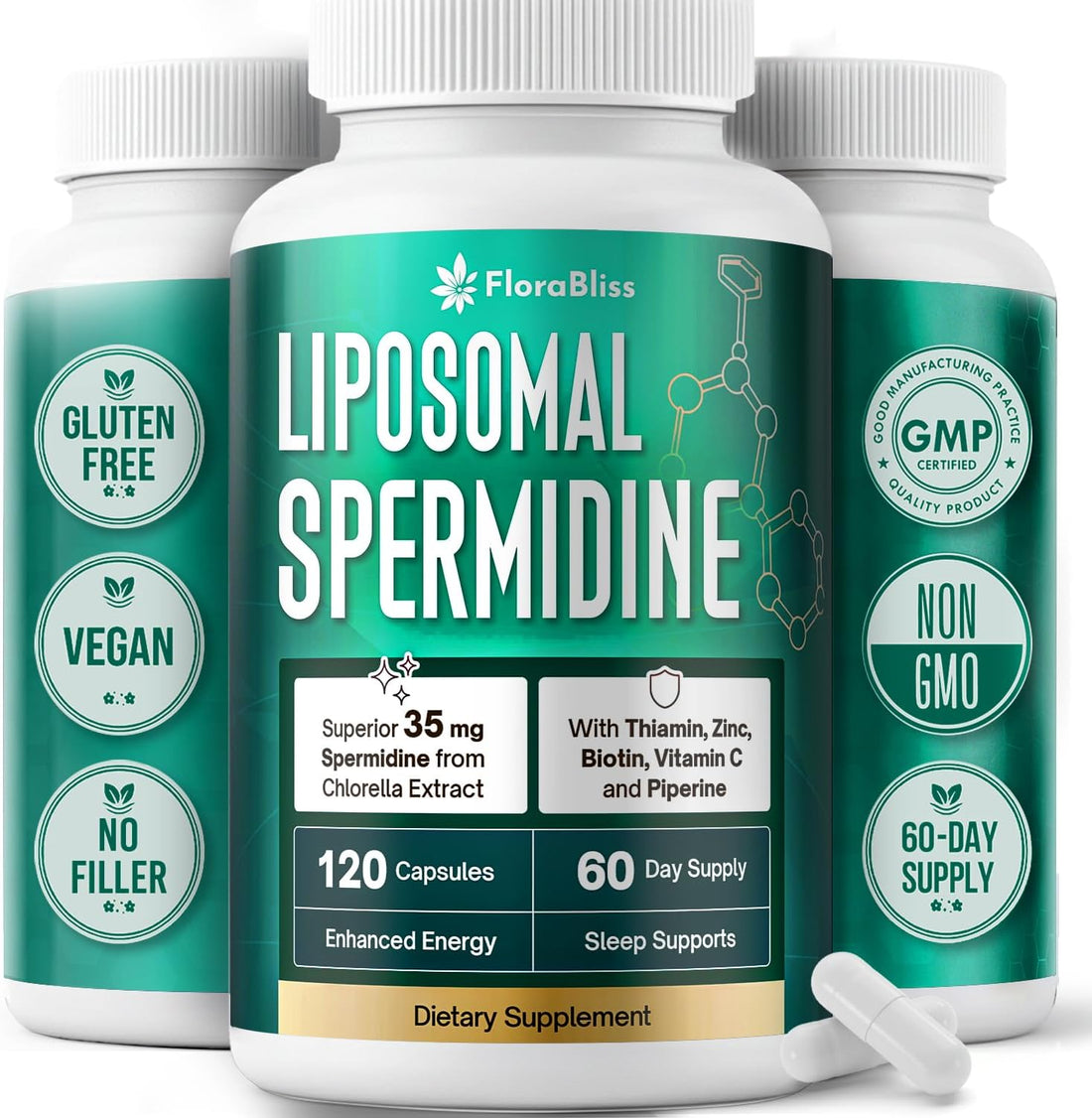 Spermidine Supplement from Chlorella with Thiamin, Zinc, Biotin, &amp; Vitamin C | 120 Capsules | Gluten-Free for Cellular Renewal, Healthy Aging &amp; Vitality Support | 60-Day Supply by FreshDrinkUS - Natural and Premium Herbal Tea