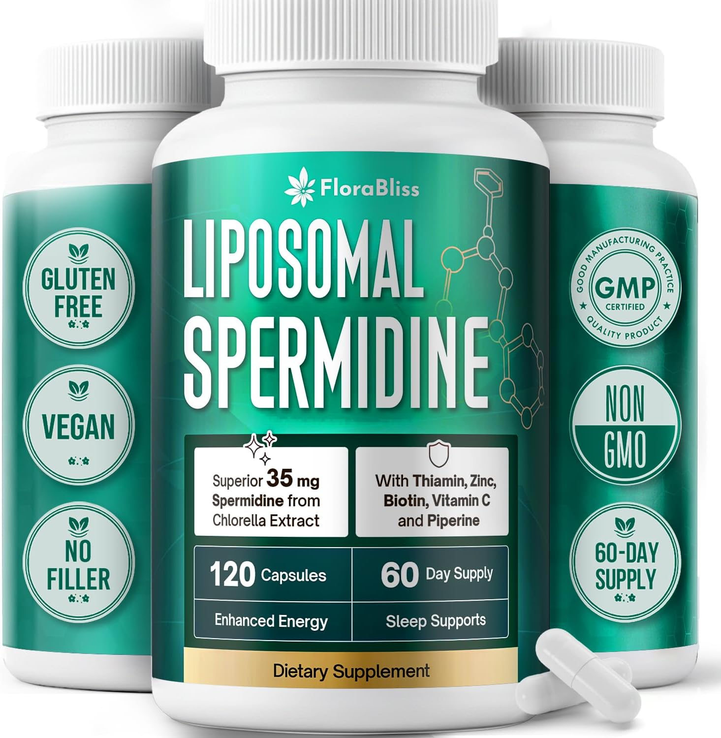 Spermidine Supplement from Chlorella with Thiamin, Zinc, Biotin, &amp; Vitamin C | 120 Capsules | Gluten-Free for Cellular Renewal, Healthy Aging &amp; Vitality Support | 60-Day Supply by FreshDrinkUS - Natural and Premium Herbal Tea