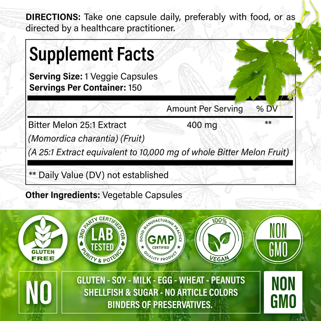 Bitter Melon Capsules, 1000mg, 150 Capsules - Gluten Free, Non-GMO by FreshDrinkUS - Natural and Premium Herbal Tea