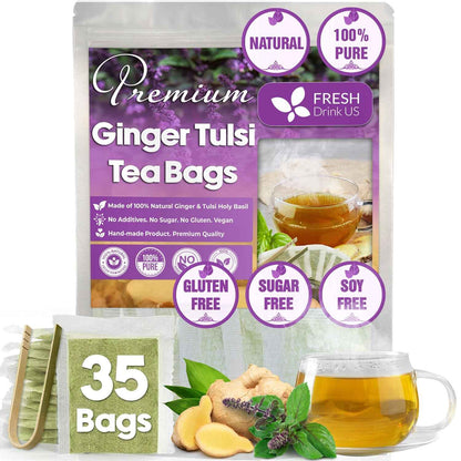 Premium Ginger Tulsi Tea Bags | Hand-made Blend of Ginger and Tulsi Holy Basil Leaves