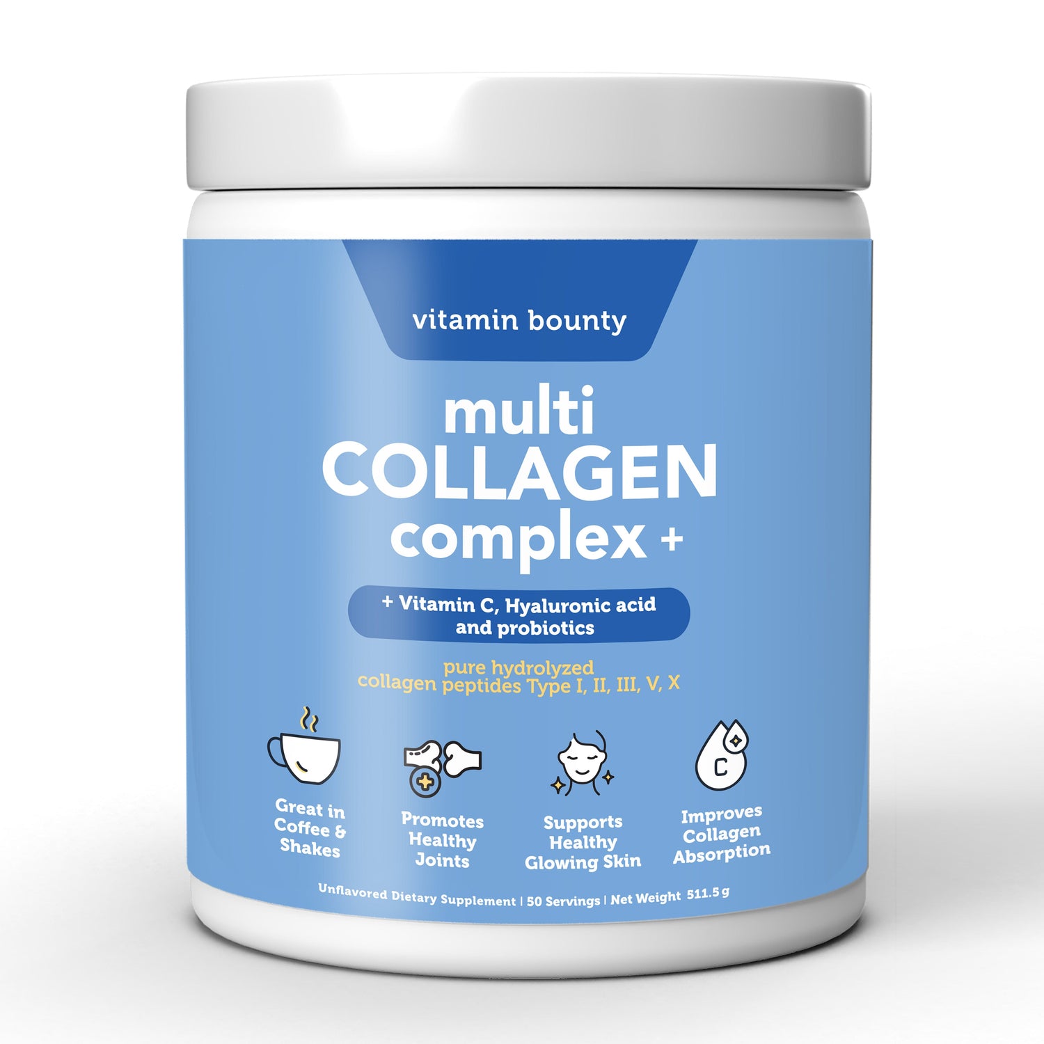 Colágeno Hidrolizado 5 en 1 con Ácido Hialurónico, Vitamina C y Probióticos by Vitamin Bounty