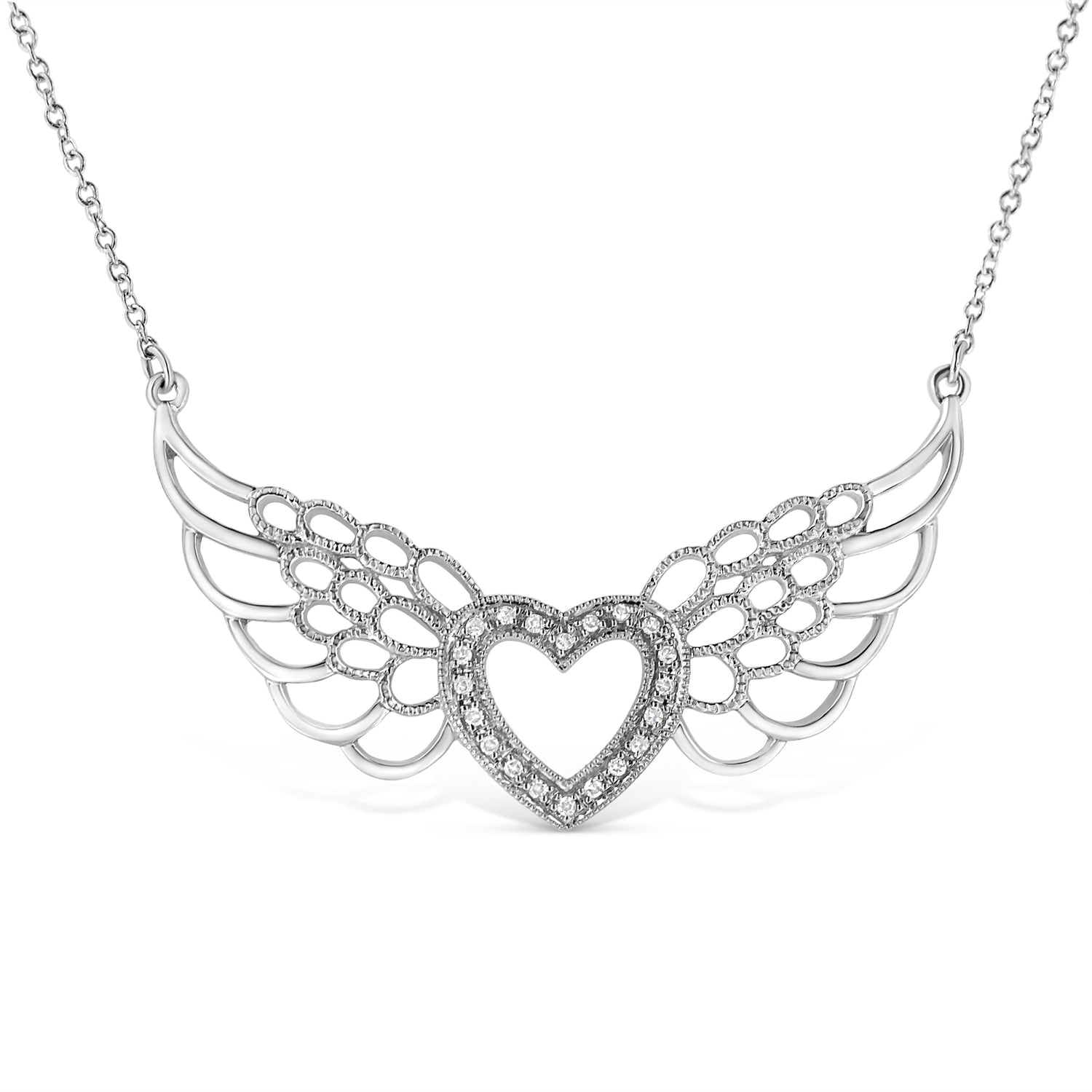 .925 Sterling Silver Pave-Set Diamond Accent Fairy Wing 18" Heart Pendant Necklace (I-J Color, I1-I2 Clarity) by Bids.com