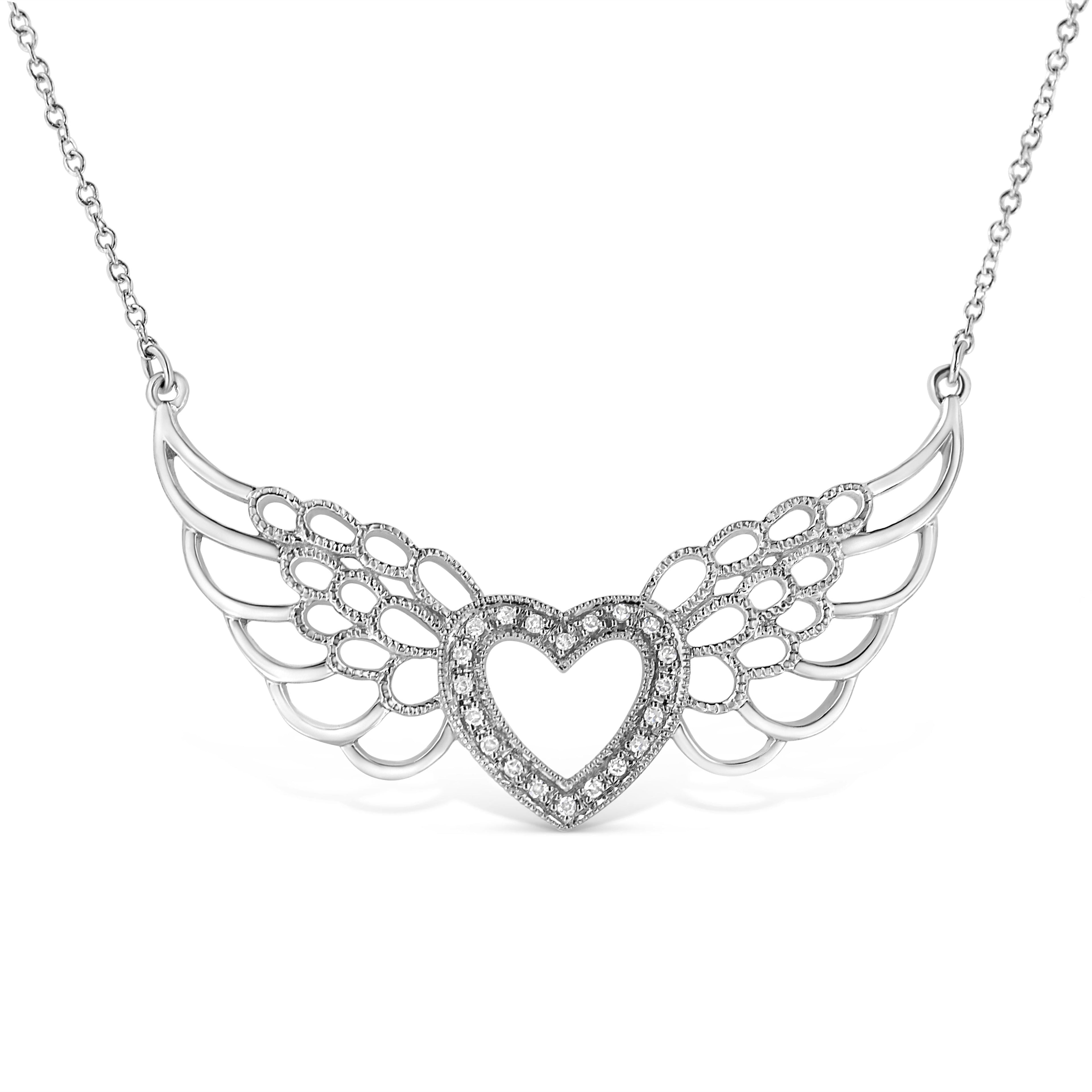 .925 Sterling Silver Pave-Set Diamond Accent Fairy Wing 18" Heart Pendant Necklace (I-J Color, I1-I2 Clarity) by Bids.com