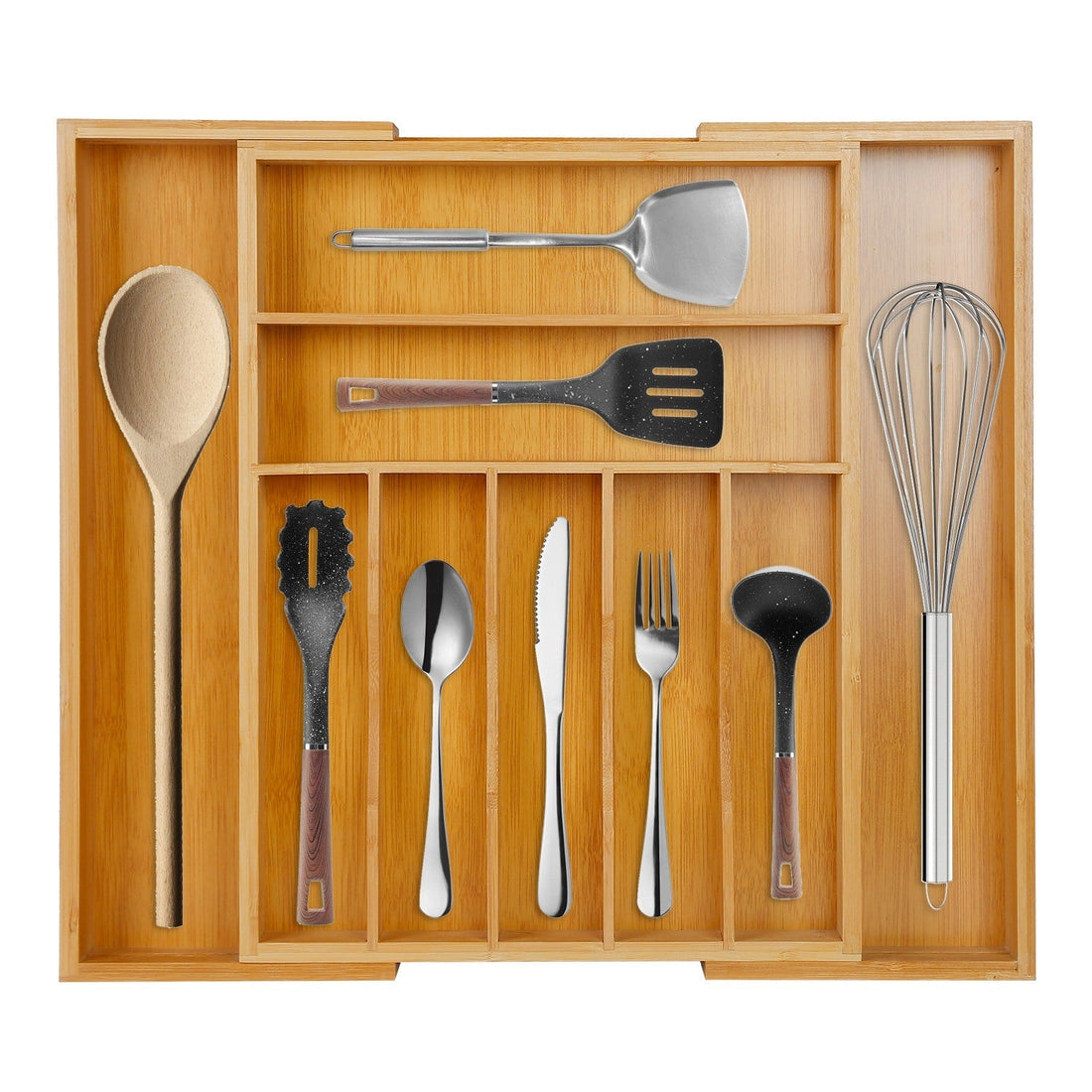 Bamboo Drawer Divider Kitchen Expandable Cutlery Tray Organizer Utensil Holder w/ Grooved Dividers 