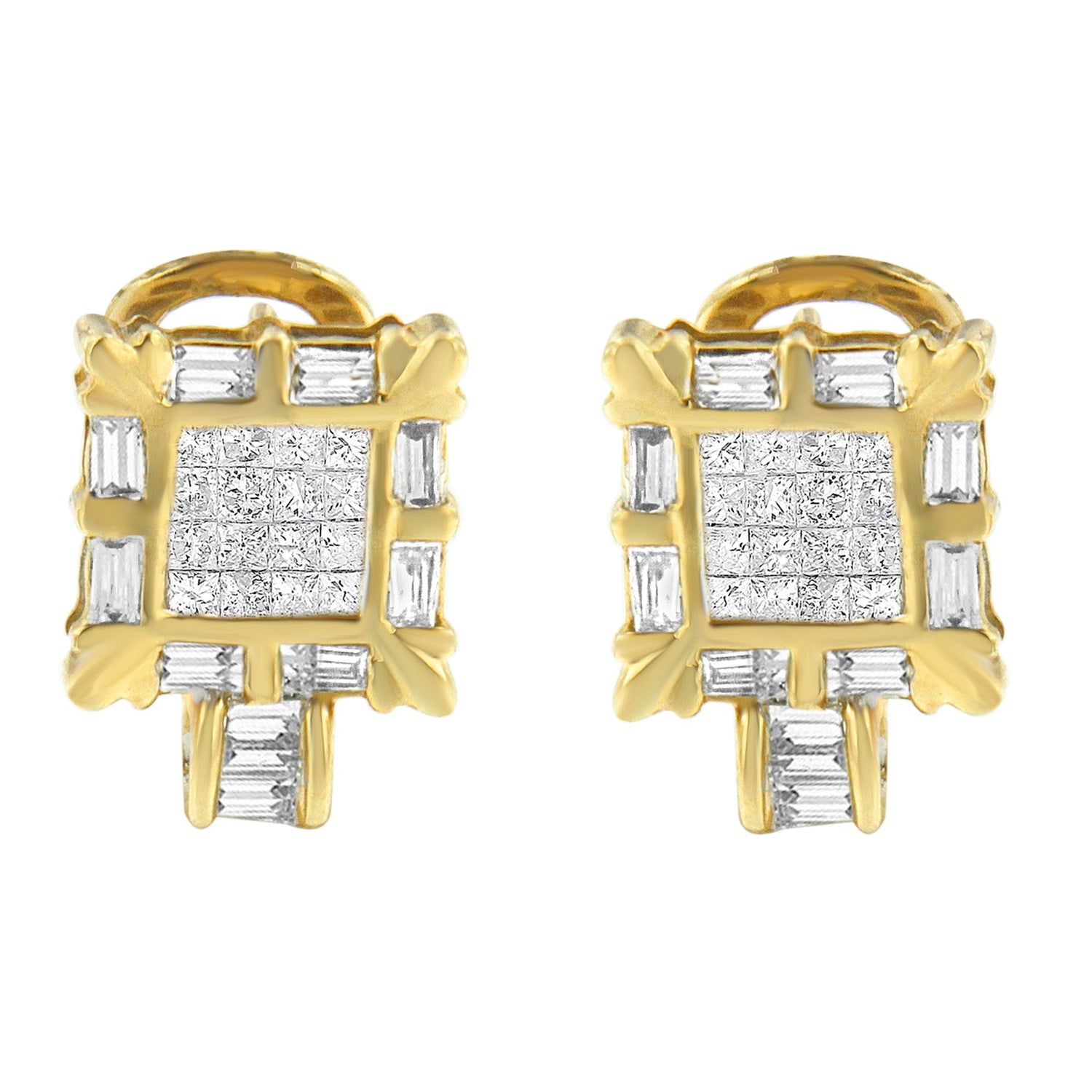 14K Yellow Gold 7/8 Cttw Princess and Baguette-Cut Diamond Square Framed Huggie Hoop Omega Earrings (H-I Color, SI1-SI2 Clarity) by Bids.com