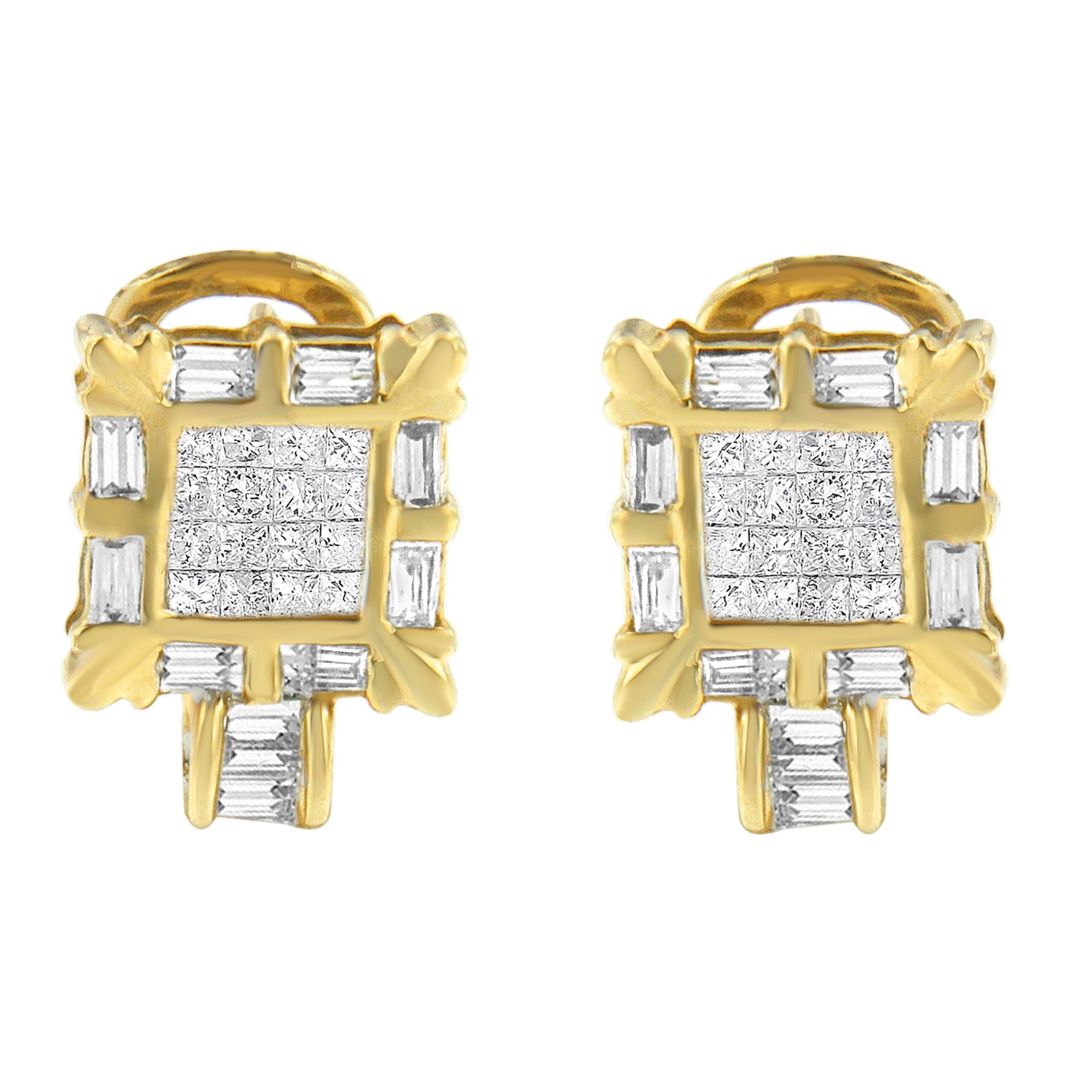 14K Yellow Gold 7/8 Cttw Princess and Baguette-Cut Diamond Square Framed Huggie Hoop Omega Earrings (H-I Color, SI1-SI2 Clarity) by Bids.com
