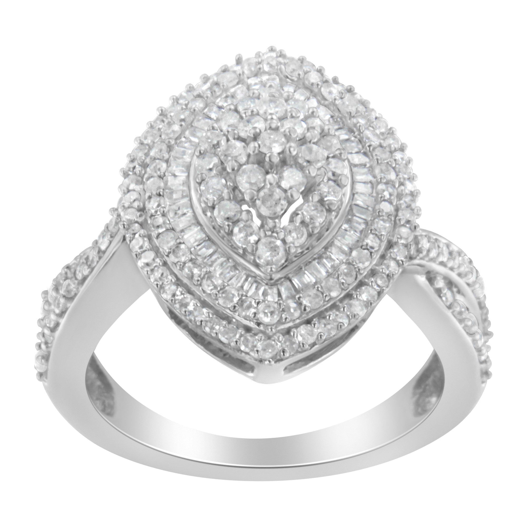 .925 Sterling Silver 1.0 Cttw Round &amp; Baguette-Cut Diamond Marquise-Shaped Cluster Triple Stepped Halo Cocktail Fashion Ring (I-J Color, I2-I3 Clarity) - Size 7 by Bids.com