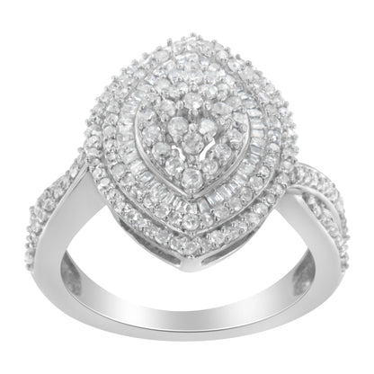.925 Sterling Silver 1.0 Cttw Round &amp; Baguette-Cut Diamond Marquise-Shaped Cluster Triple Stepped Halo Cocktail Fashion Ring (I-J Color, I2-I3 Clarity) - Size 7 by Bids.com