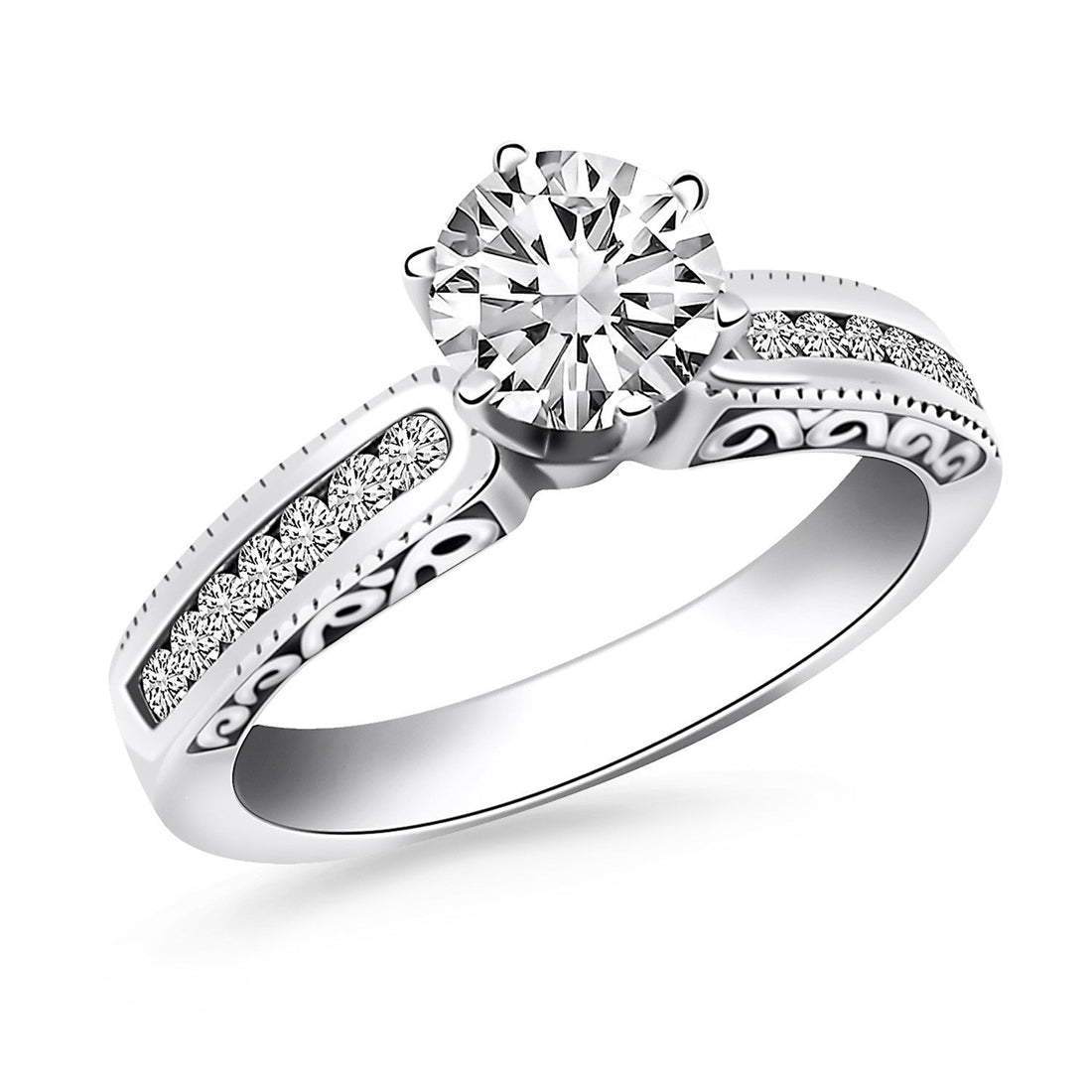 14k White Gold Channel Set Engagement Ring with Engraved Sides by Bids.com