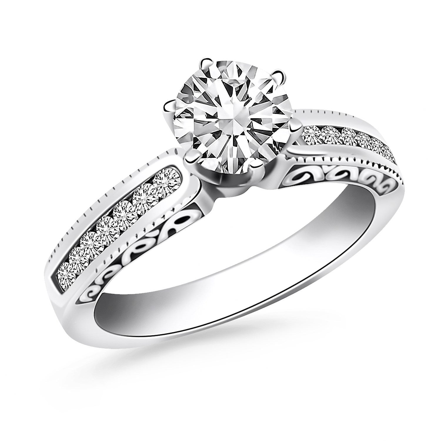 14k White Gold Channel Set Engagement Ring with Engraved Sides by Bids.com