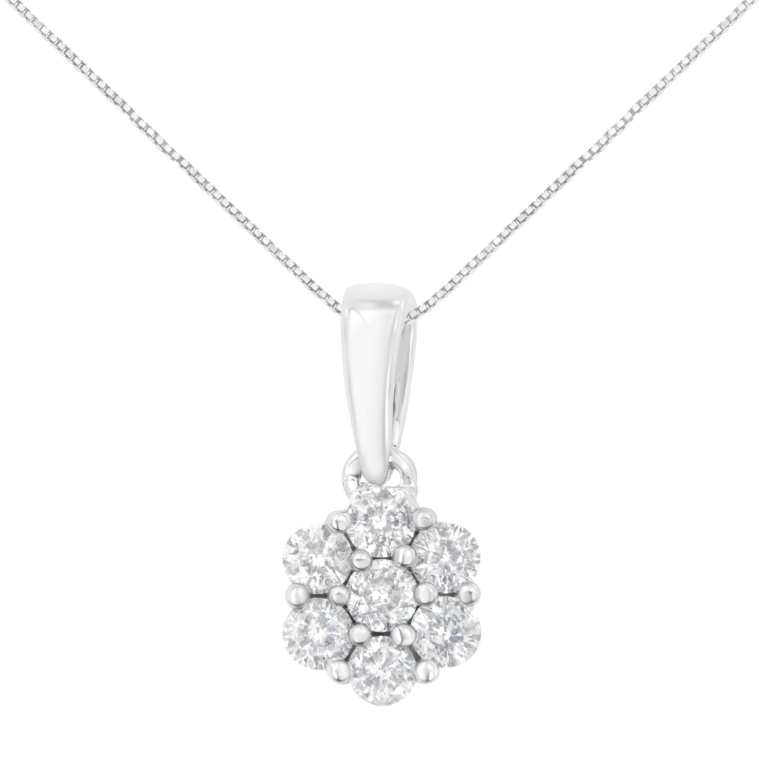 14K White Gold 1/2 cttw Prong Set Round-Cut Diamond 7 Stone Floral Cluster 18" Pendant Necklace (H-I Color, I1-I2 Clarity) by Bids.com
