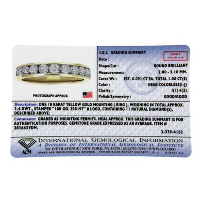IGI Certified 18K Yellow Gold 1.0 Cttw Channel Set Round-Cut Diamond 11 Stone Anniversary/Wedding Band Ring (I-J Color, I1-I2 Clarity) - Size 9.5  DestGlow