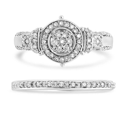 .925 Sterling Silver 1/3 Cttw Diamond 7 Stone Cluster and Halo Engagement Ring and Wedding Band Set (I-J Color, I1-I2 Clarity) - Size 7 by Bids.com