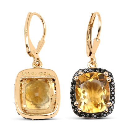14K Yellow Gold Plated 8.90 Carat Genuine Citrine &amp; Black Spinel .925 Sterling Silver Earrings  DestGlow