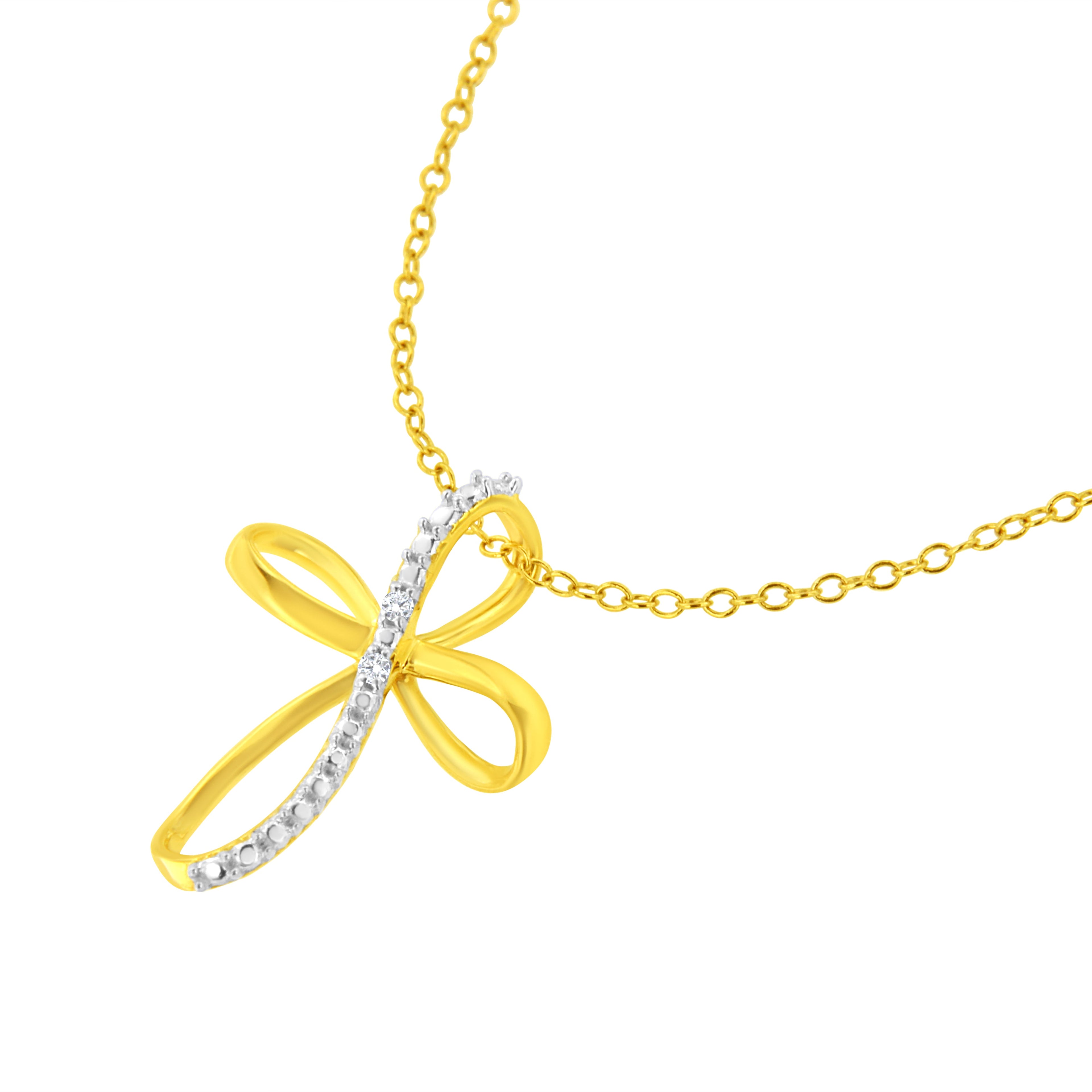 10K Yellow Gold Plated .925 Sterling Silver Diamond Accent Cross Ribbon 18" Pendant Necklace (I-J Color, I2-I3 Clarity) by Bids.com