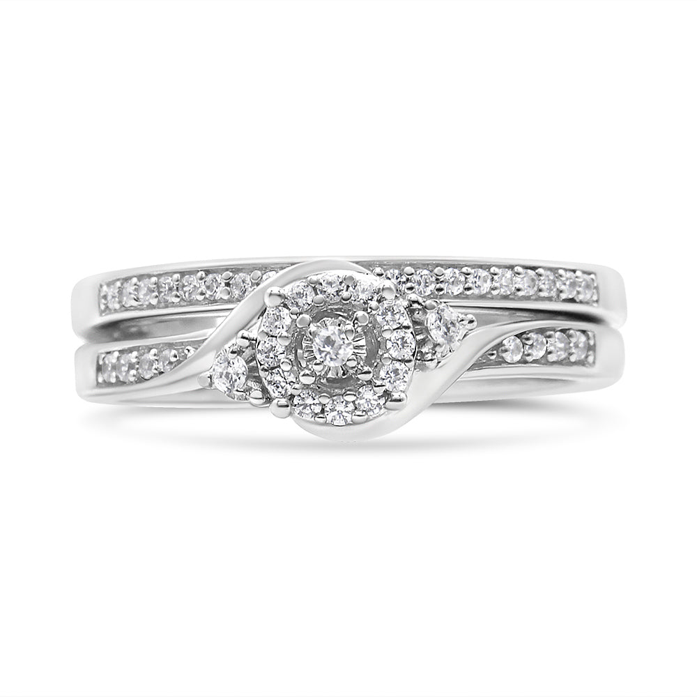 .925 Sterling Silver 1/4 Cttw Diamond Halo and Swirl Engagement Ring and Wedding Band Set (I-J Color, I3 Clarity)- Ring Size 7 by Bids.com