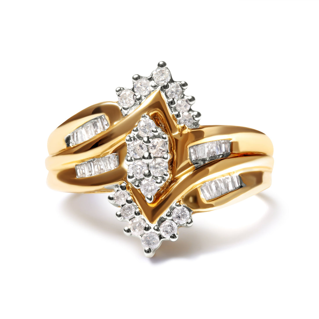 10K Two-Toned 1/2 Cttw Round And Baguette-Cut Composite Pear Head Diamond Ring (H-I Color, I2-I3 Clarity) - Ring Size 7 by Bids.com