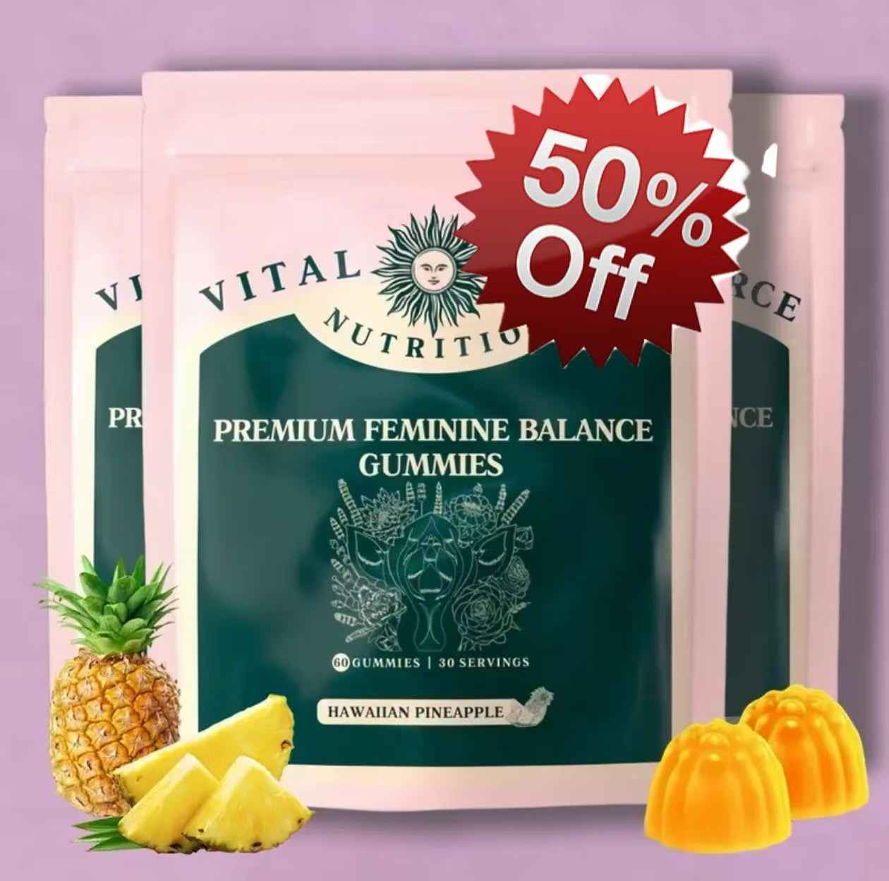 Vital Source Nutrition - Premium Feminine Balance Gummies - for Women’s Health &amp; Wellness - Immune Support - Vegan, Gluten-Free &amp; Halal - Hawaiian Pineapple - 60 Gummies - 30 Servings