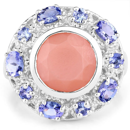 4.50 Carat Genuine Peach Moonstone and Tanzanite .925 Sterling Silver Ring  DestGlow