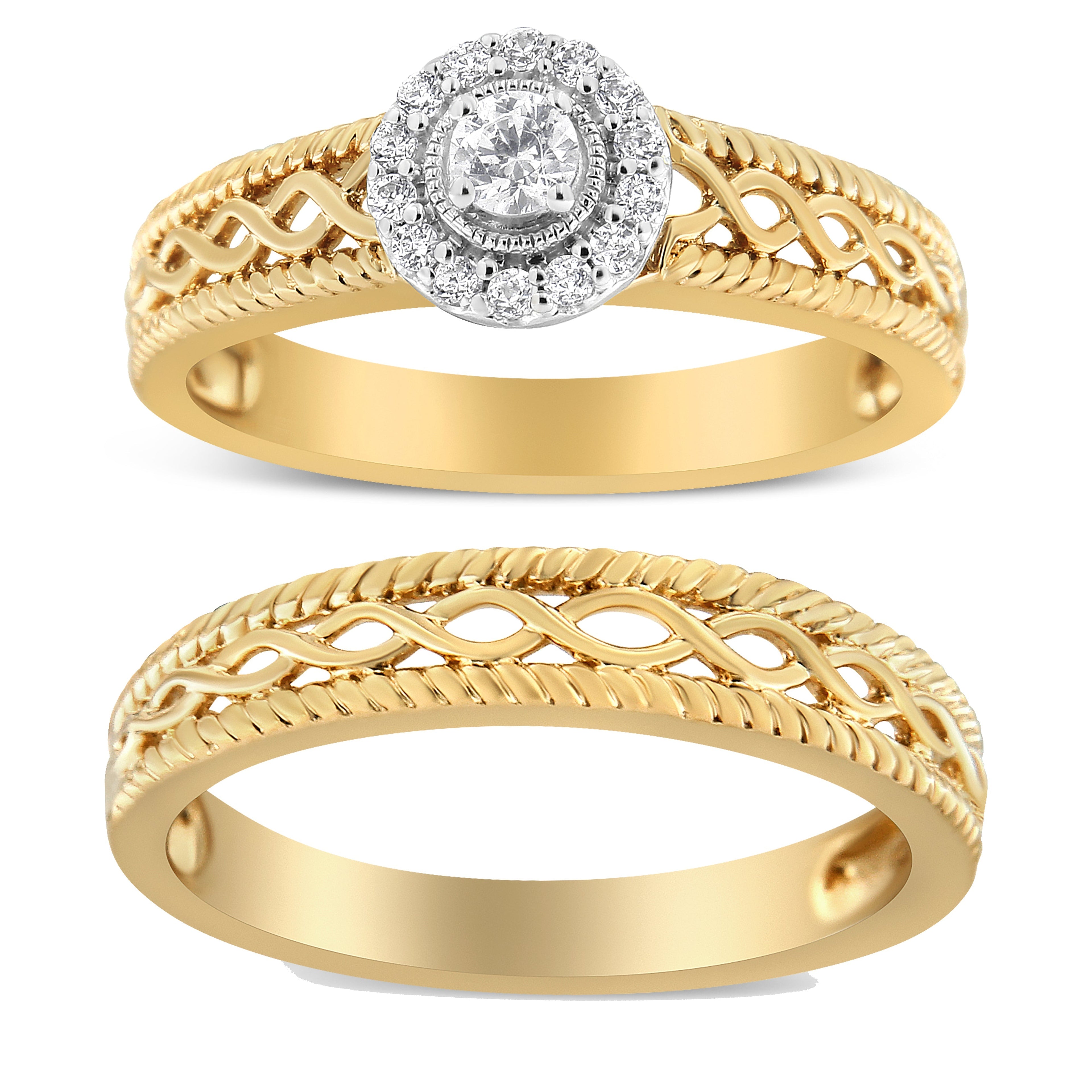 14K Yellow Gold Plated .925 Sterling Silver 1/5 Cttw Diamond Halo Engagement Ring and Wedding Band Set (I-J Color, I3 Clarity) - Size 7  DestGlow