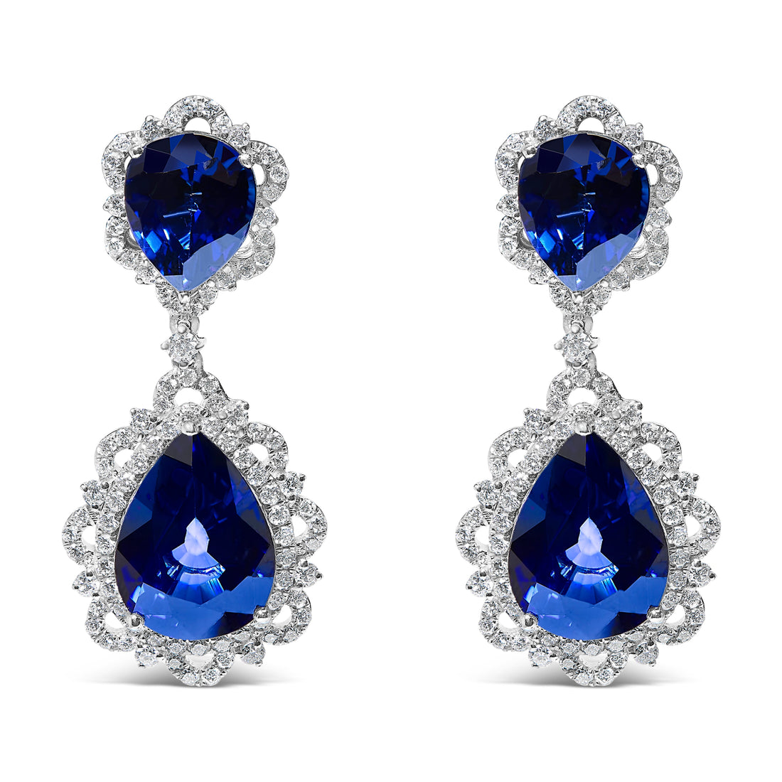 18K White Gold Blue Sapphire and Diamond 2.00 Cttw Diamond Halo Drop and Dangle Earring (G-H Color, SI1-SI2 Clarity) by Bids.com