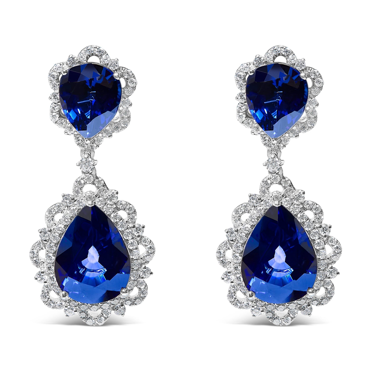 18K White Gold Blue Sapphire and Diamond 2.00 Cttw Diamond Halo Drop and Dangle Earring (G-H Color, SI1-SI2 Clarity) by Bids.com