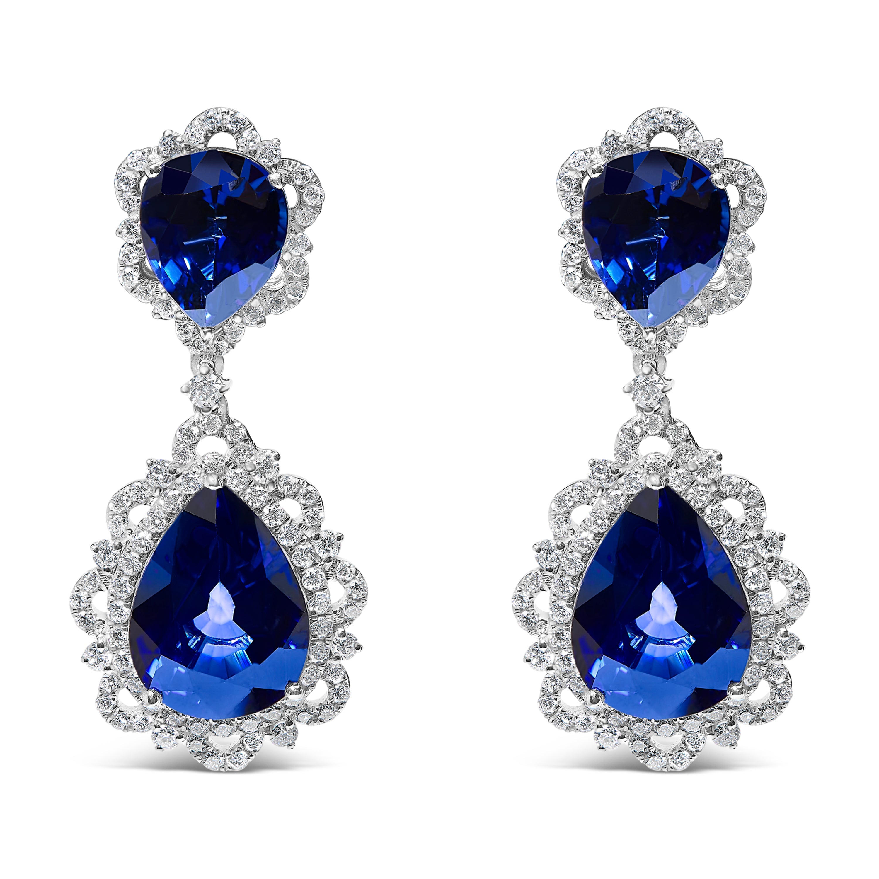 18K White Gold Blue Sapphire and Diamond 2.00 Cttw Diamond Halo Drop and Dangle Earring (G-H Color, SI1-SI2 Clarity) by Bids.com