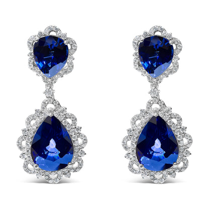18K White Gold Blue Sapphire and Diamond 2.00 Cttw Diamond Halo Drop and Dangle Earring (G-H Color, SI1-SI2 Clarity) by Bids.com