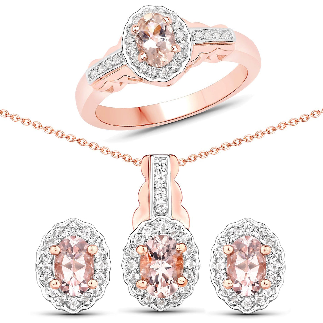 1.98 Carat Genuine Morganite and White Topaz .925 Sterling Silver 3 Piece Jewelry Set (Ring, Earrings, and Pendant w/ Chain)  DestGlow