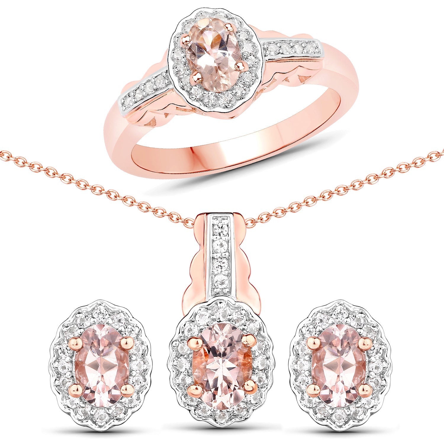 1.98 Carat Genuine Morganite and White Topaz .925 Sterling Silver 3 Piece Jewelry Set (Ring, Earrings, and Pendant w/ Chain)  DestGlow