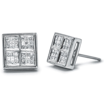 14K White Gold 1/2 Cttw Princess Diamond Composite Box Shape Milgrain Stud Earrings (H-I Color, SI1-SI2 Clarity) by Bids.com