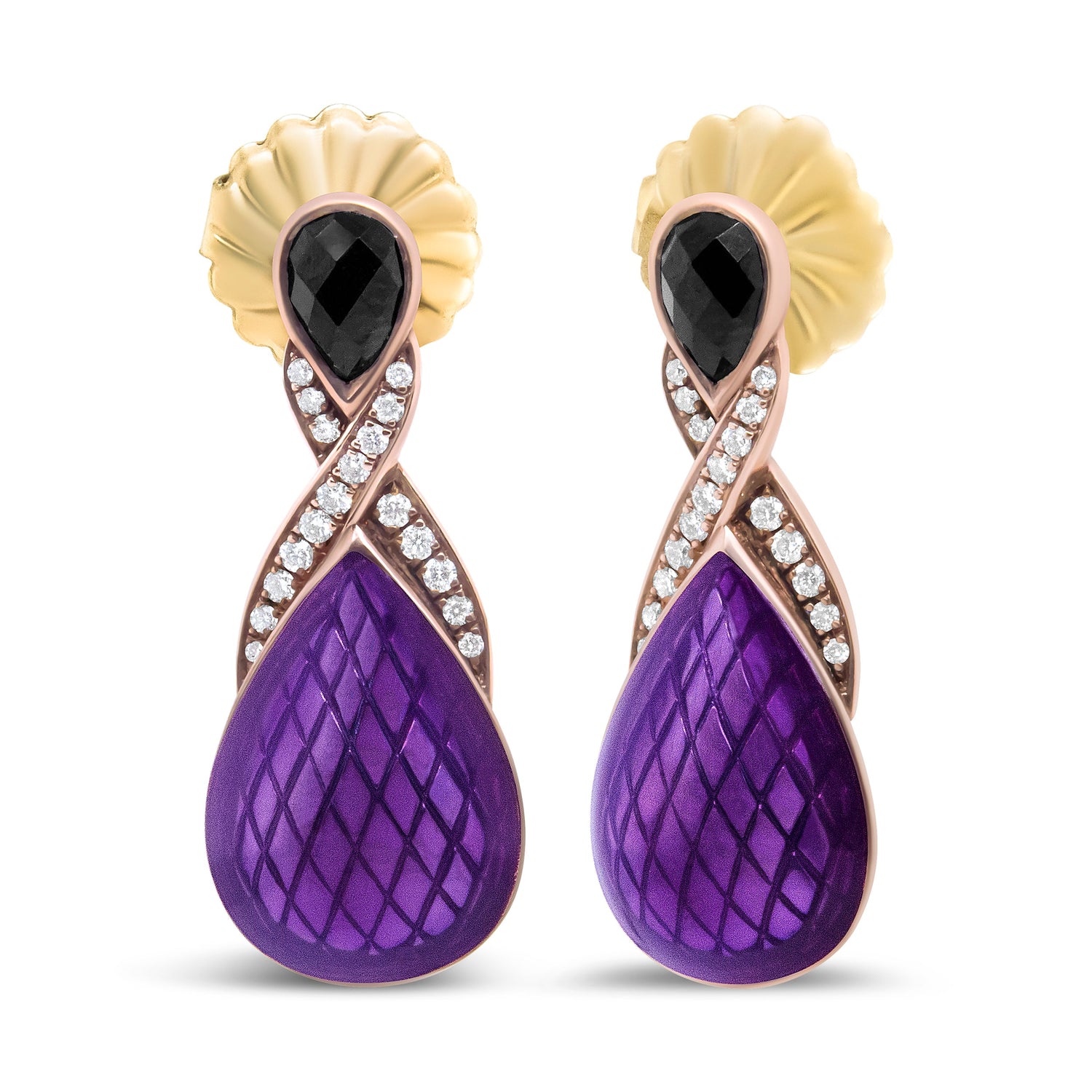 18K Rose Gold Flash Plated .925 Sterling Silver Purple Enamel 1/5 Cttw Round Pave-Set Diamond and 5.5 x 4mm Pear-Shaped Black Onyx Drop Earrings (F-G Color, VS1-VS2 Clarity) by Bids.com