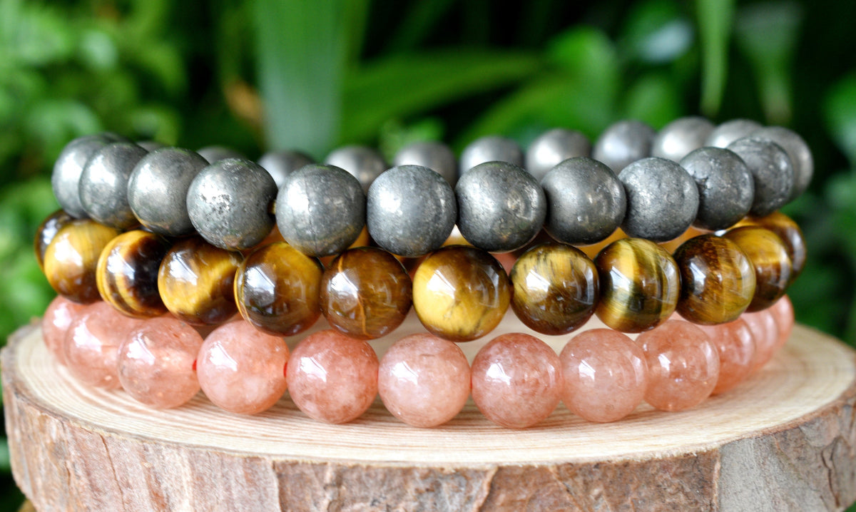 Leo Zodiac Bracelet Set, Crystal Sunstone, Tiger Eye, Pyrite Zodiac Bracelet  DestGlow
