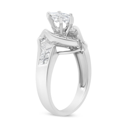 14K White Gold 1 1/4 Cttw Pie, Baguette and Princess cut Diamond Marquise Shape Engagement Cocktail Ring (H-I Color, SI2-I1 Clarity)  DestGlow
